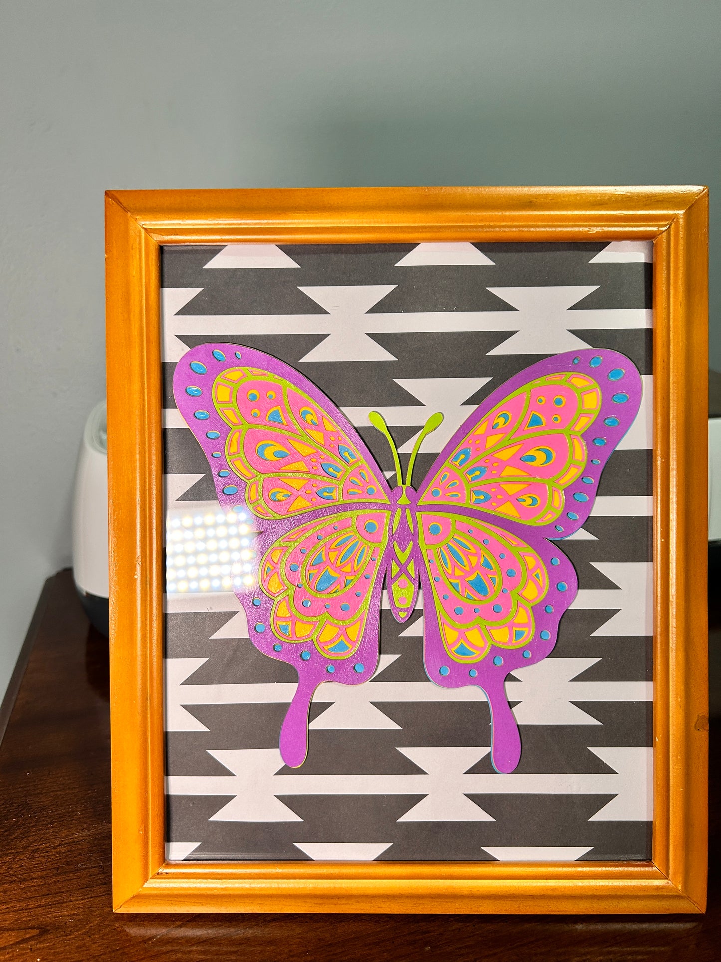 Framed Layered Paper Butterfly on Aztec Print, Wood Frame