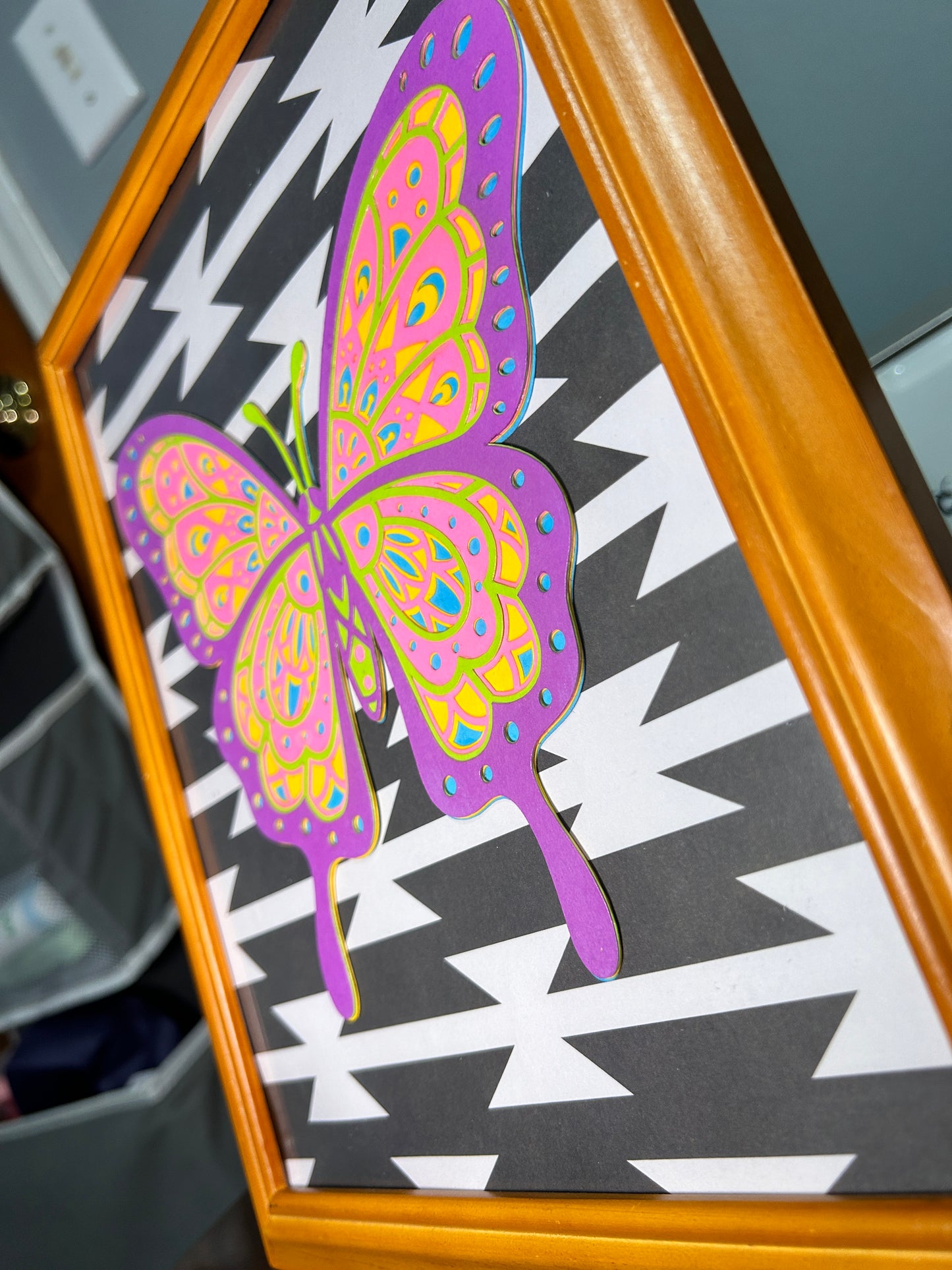 Framed Layered Paper Butterfly on Aztec Print, Wood Frame