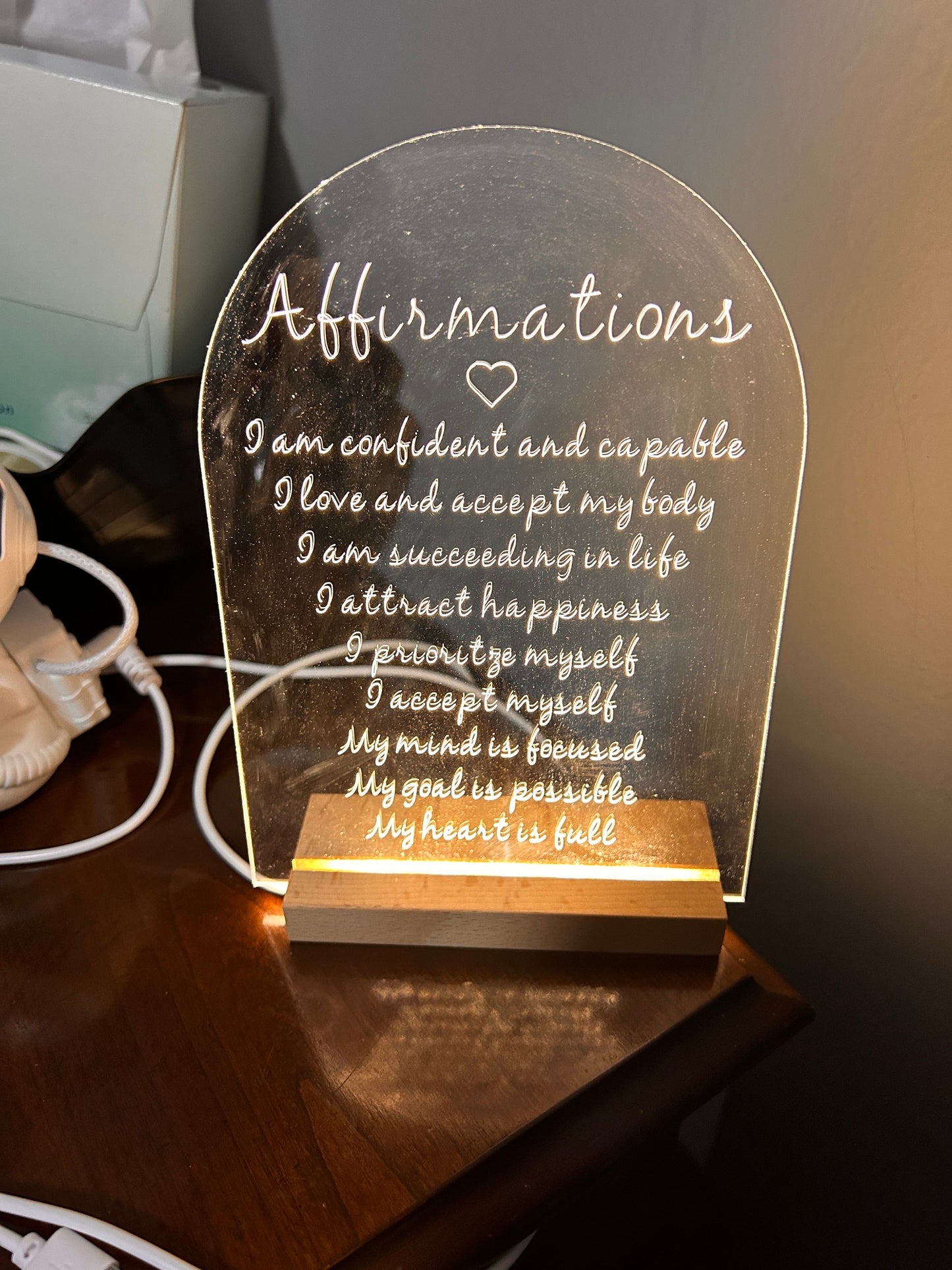 Affirmations Engraved Acrylic with Lighted Wooden Base