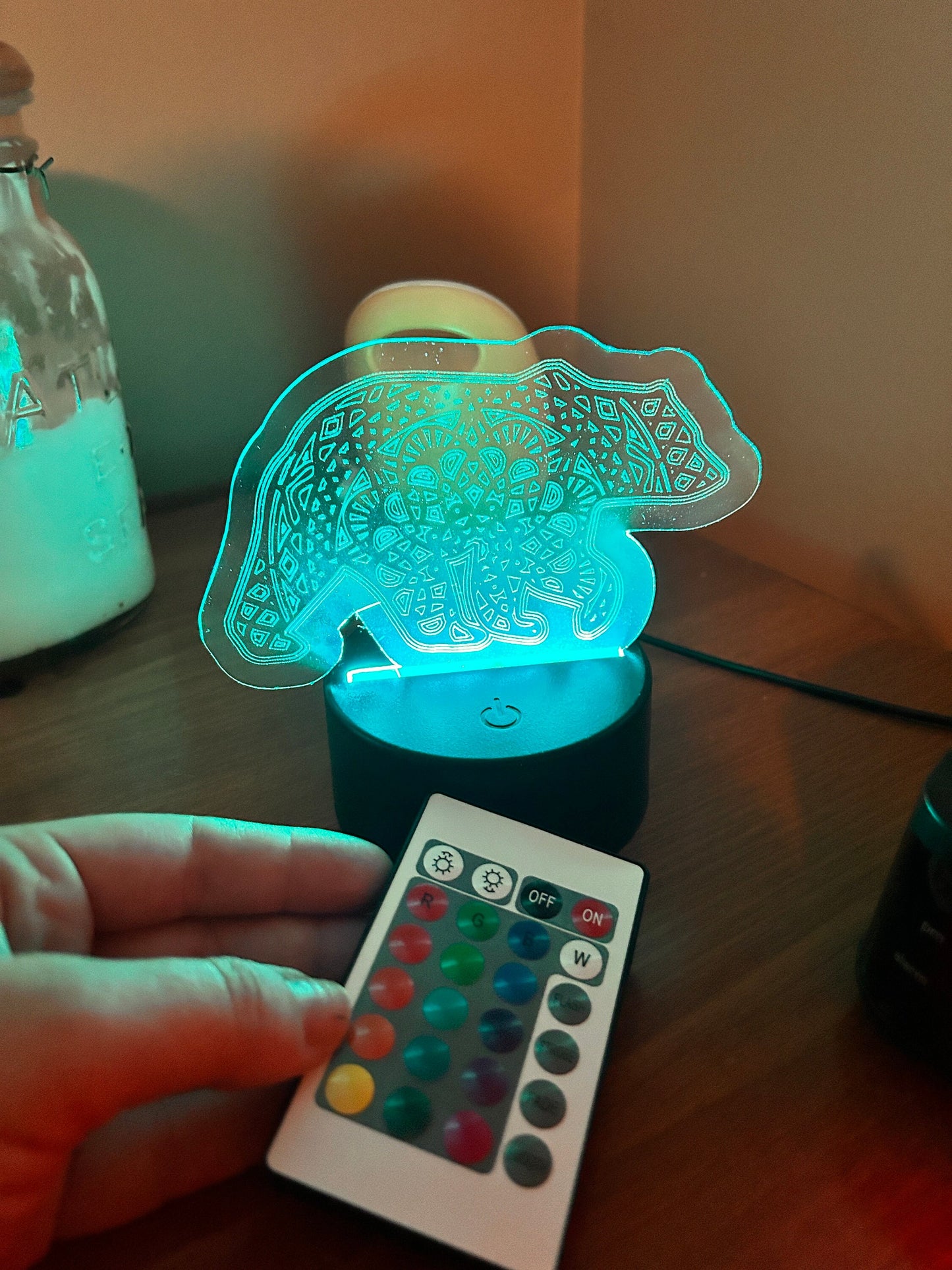 Bear Mandala Night Light | LED Night Lamp | Personalized Light | Remote Controlled | Engraved Animal Light | Animal Colorful Nightlight