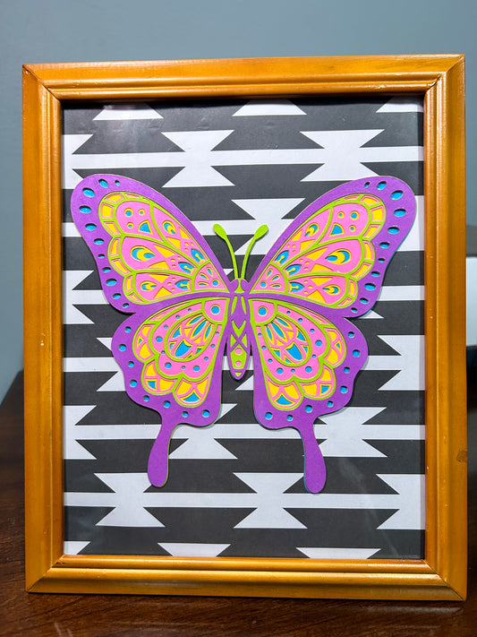 Framed Layered Paper Butterfly on Aztec Print, Wood Frame