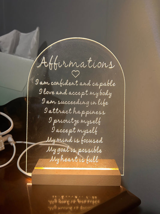 Affirmations Engraved Acrylic with Lighted Wooden Base