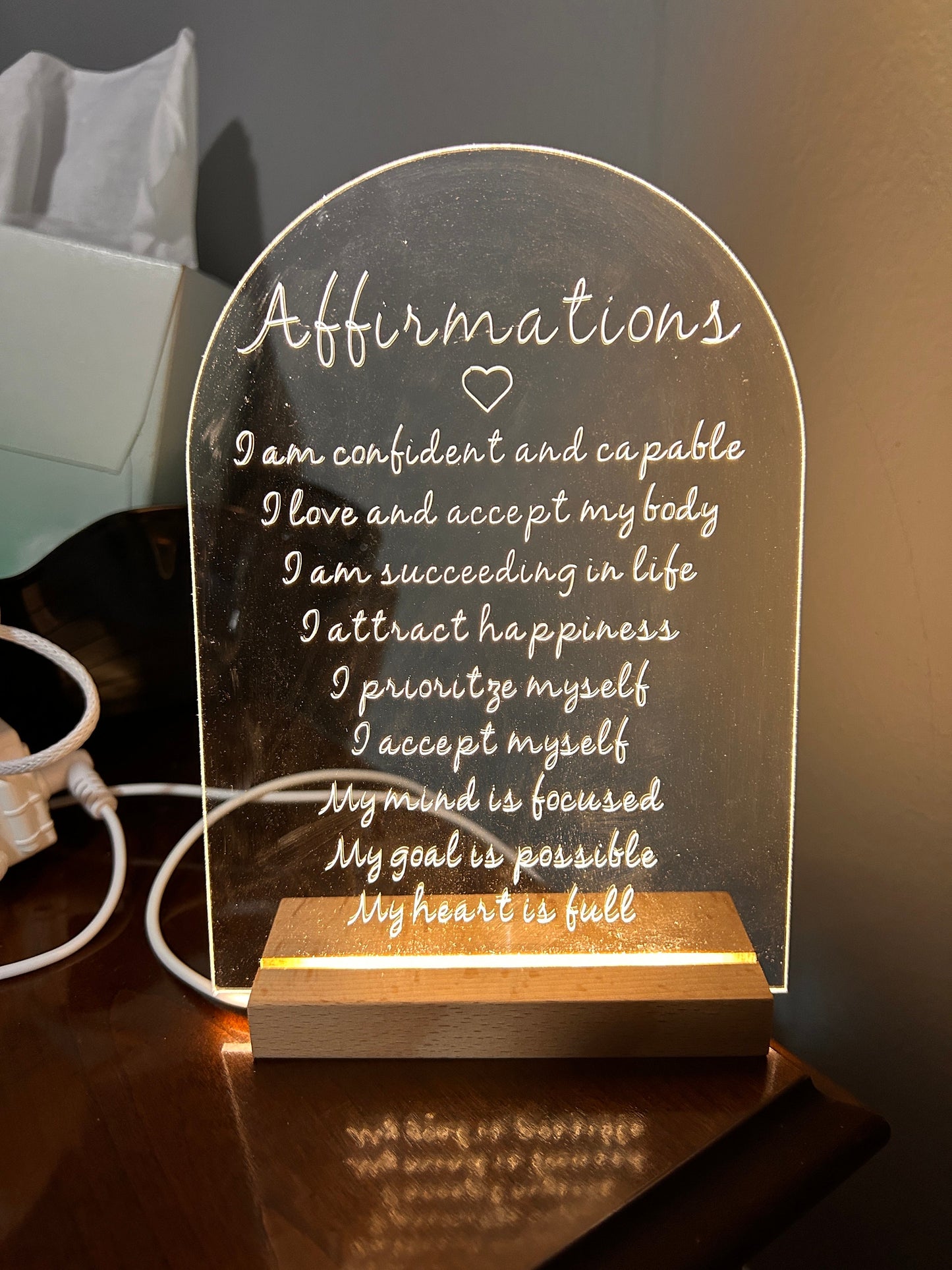 Affirmations Engraved Acrylic with Lighted Wooden Base