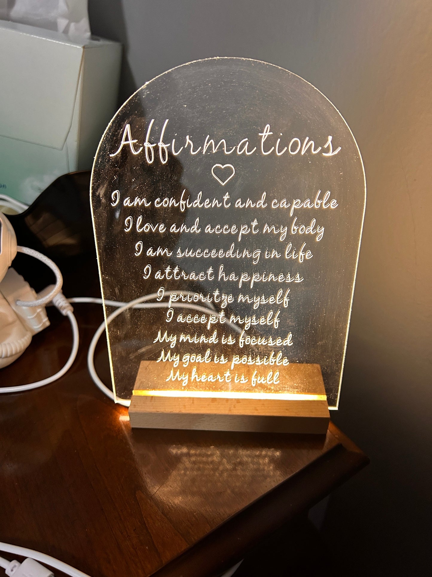 Affirmations Engraved Acrylic with Lighted Wooden Base