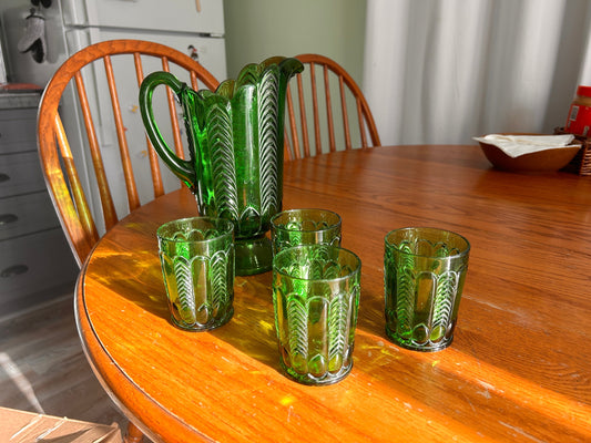 Vintage 1898 US Glass Emerald Herringbone Pitcher and Glasses Set, RARE