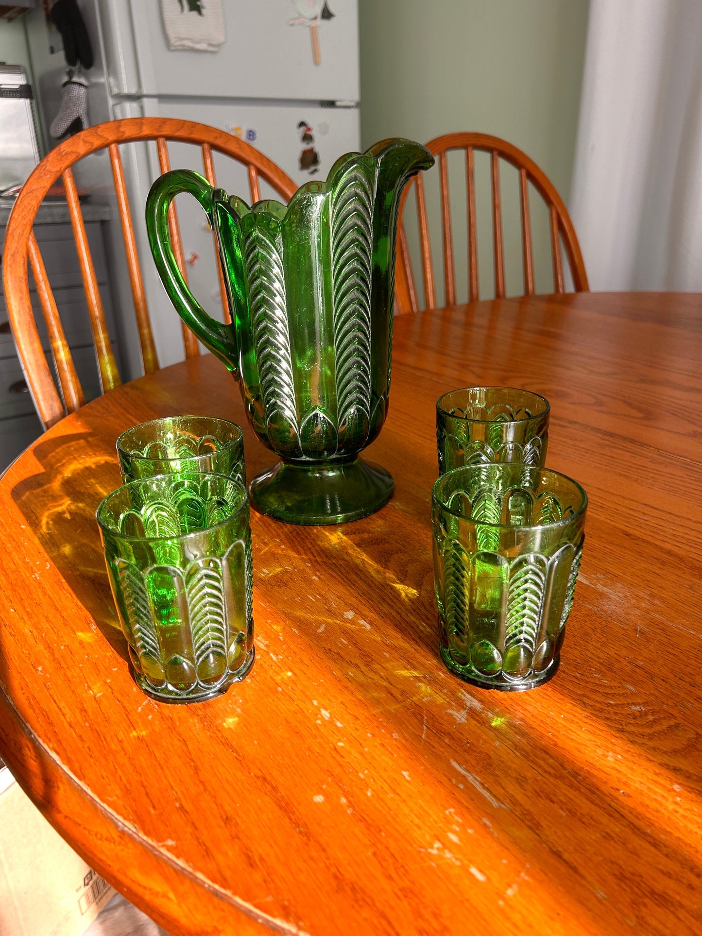 Vintage 1898 US Glass Emerald Herringbone Pitcher and Glasses Set, RARE